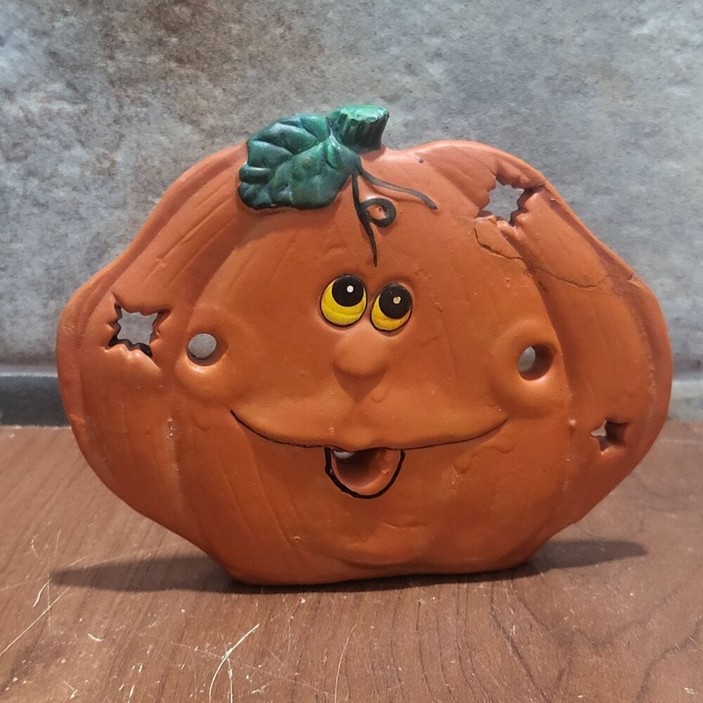 Vintage Jack O Lantern Pumpkin Ceramic Tea Light Holder Repaired
